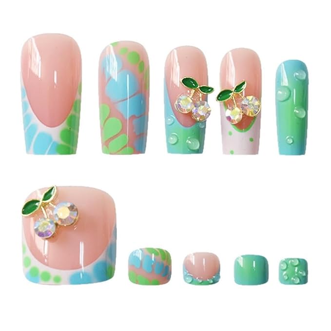 48Pcs Ombre Green French Tips Press on Toenails Long Square Press on Nails Gradient Blue False Nails with 3D Cherry Charm Design Glossy Skin Tones Summer Fake Toenails Kit for Women Girls Manicure
