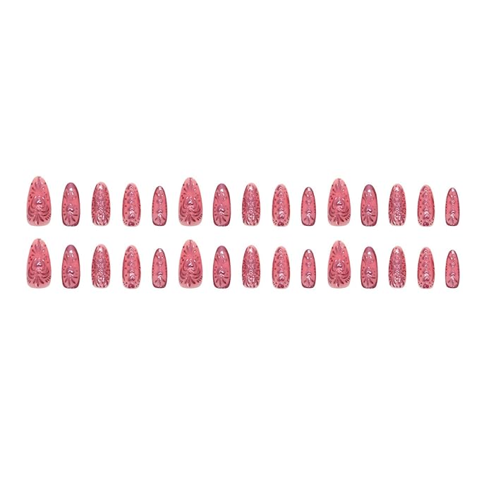 Long Press on Nails Almond Fake Nails Red False Nails Charm Artificial Nails with Hearts and Floral Designs Stick on Nails for Women 24pcs