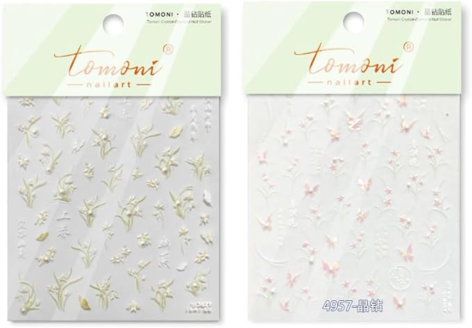 Simple Plants Decorative Nail Art Stickers, Floral and Butterfly Design, White and Pink, 2 Sheets