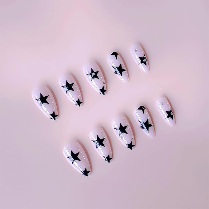 Black Star Press on Nails Medium Almond Fake Nails Nude Pink with Rhinestone Design Stick on Nails Full Cover Acrylic Nails Star False Nails Glitter Luxury Glue on Nails for Women DIY Manicure 24Pcs