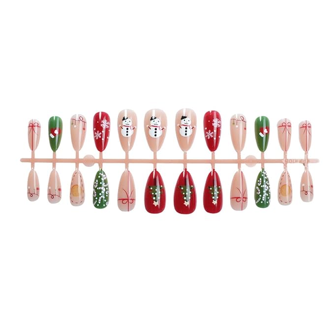Christmas Motifs Press on Nails Almond Fake Nails Medium Length Nails Press ons with Snowman,Xmas Tree,Candy Cane,Bow Design,Reusable Festive Manicure for Holiday Parties & Winter Celebrations 24Pcs