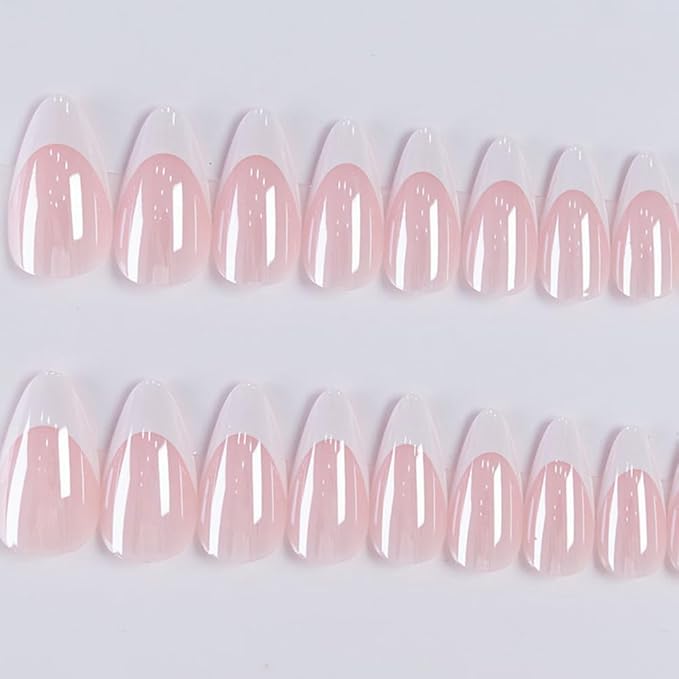 Press On Nails - Almond Fake Nails - French Tip False Nails Press ons - Medium Glue on Nails with Chrome Design - for Women Stick on Nail 24Pcs