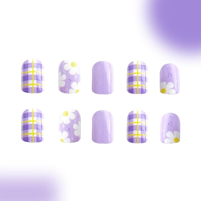 Purple Press on Nails Spring Flower Fake Nails Cute Short Square Nails Press ons with Floral Daisy Plaid Designs Reusable Artificial Nail Full Cover Stick on Nails for Women Manicure 24Pcs