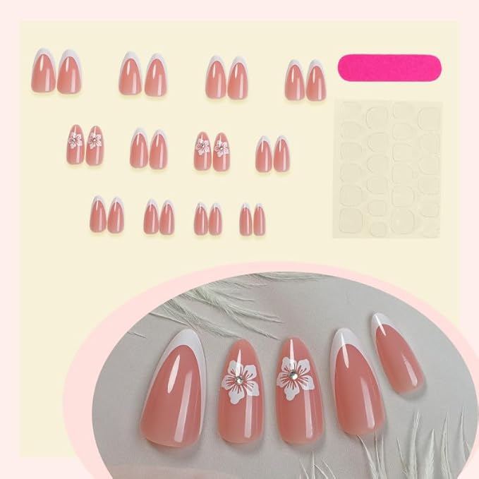 Press on Nails Almond Painted Flowers French Fake Nails French Fake Reusable Nail Kit with Nail Glue Adhesive Tabs Mini File for Women Manicure Nail Art Decoration 24PCS