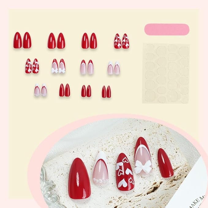 Press on Nails Red - Medium Almond Fake Nails with Heart Bow Design - French Tip False Nails Press ons - for Women 24 Pcs