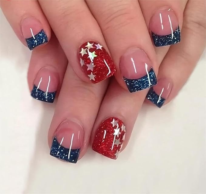 CurvLife Short Press On Nails - Independence Day Design Glossy Acrylic Stick On False Nails for Women