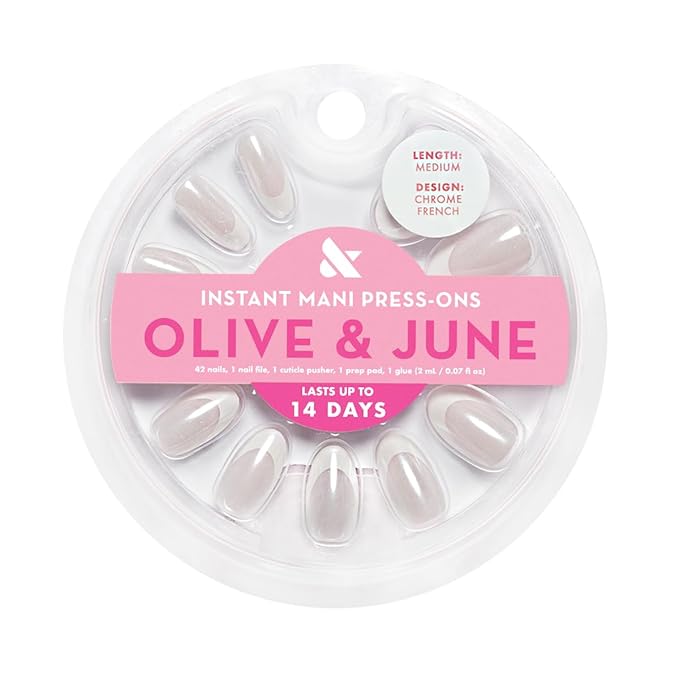 Olive & June Instant Mani Press-On Nails (Glue) | 42 Fake Nails, 21 Sizes | Non-Toxic, Long-Lasting Recycled Materials Realistic Look | Spring Flowers & Patterns | Medium, Oval | Chrome French