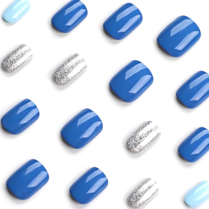 Curvlife Soft Gel Press on Nails 30pcs Fake Nails with Design Full Cover False Nails for Women Reusable Nail Kit with Nail Glue Adhesive Tabs Nail File (Ocean Blue)