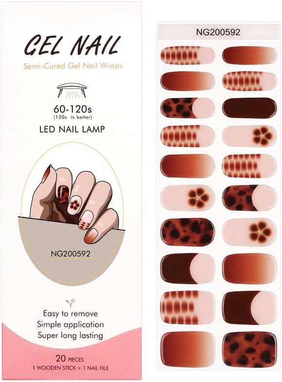 Semi Cured Gel Nail Strips 20 Pcs Brown Flower French Gel Nail Wraps, Stickers, UV Light Required Nail Art Design Decoration Accessories