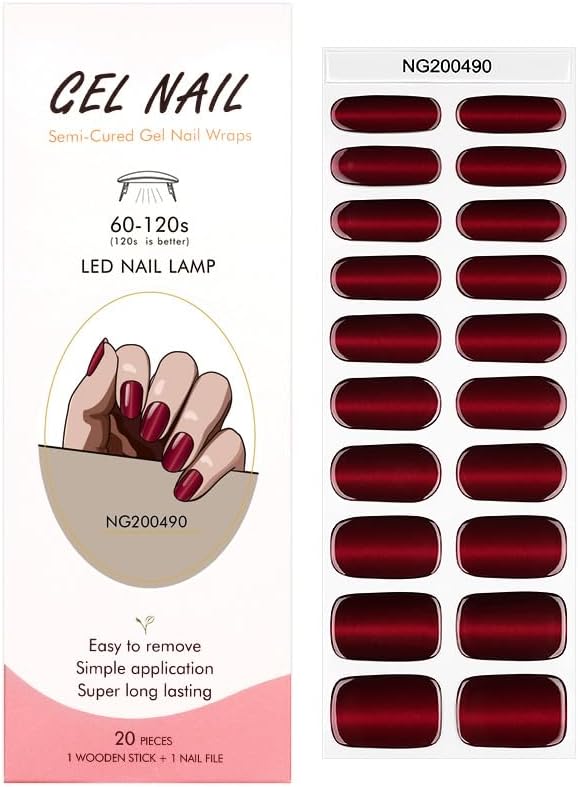 Semi Cured Gel Nail Strips Black Red Gradient Cat Eye Gel Nail Wraps Gift for Women UV Light RequiredNail Art Stickers Pegatinas Uñas Nail Decals Nails Sticker