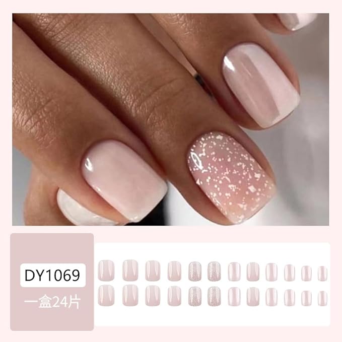 Short Square Press on Nails Pink Fake Nails Glossy False Nails Press ons with Glitter Design Reusable Artificial Nail Full Cover Glue on Nail Stick on Nails for Women Manicure 24Pcs