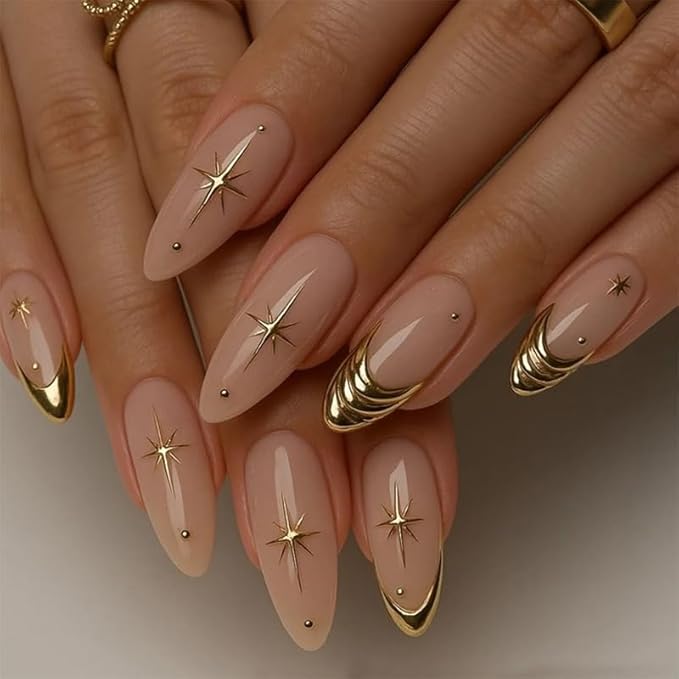 Almond Press on Nails Medium Fake Nails Gold French Tips False Nails Star Stripe Glue on Acrylic Nails Nude Glossy full Cover Stick on Nail for Women Girls 24Pcs