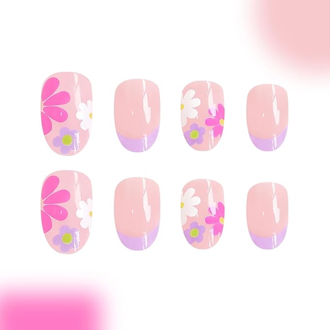 24Pcs Short Press on Nails Almond Fake Nails French Tip Press Ons Colorful Daisy Flowers Acrylic Nails Nude Pink Full Cover Glue on Nail Oval Floral False Nail for Women Girls DIY Manicure Tips
