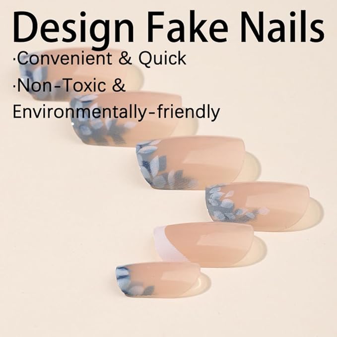 Press on Nails Square Short Spring Fake Nails Press ons Flower French Nail Art Tips Artificial Acrylic Kit Full Cover Pink False Nails with Glossy Design Stick on Nails for Women 24Pcs