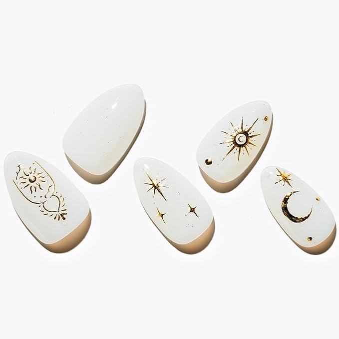 GLAMERMAID White Press On Nails Short Almond, 3D Gothic Handmade Soft Jelly Gel Fake Nails with Golden Star Blossom Design, Round Oval Stick Glue on Nail Kit for Women, Reusable Acrylic False Nail Set