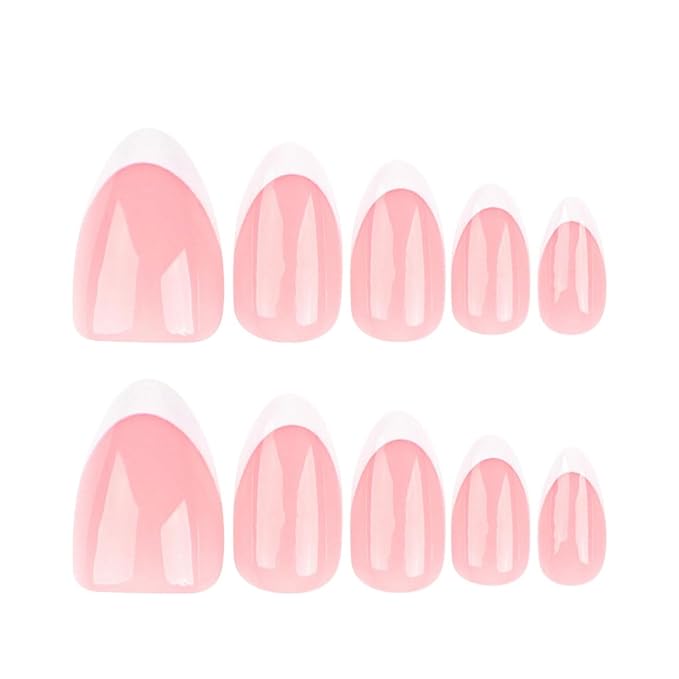 Press on Nails Short Almond Fake Nails White French Tip Glue on Nails Glossy Acrylic Nails Press ons Pink Full Cover Artificial Stick on Nails for Women 24 Pcs