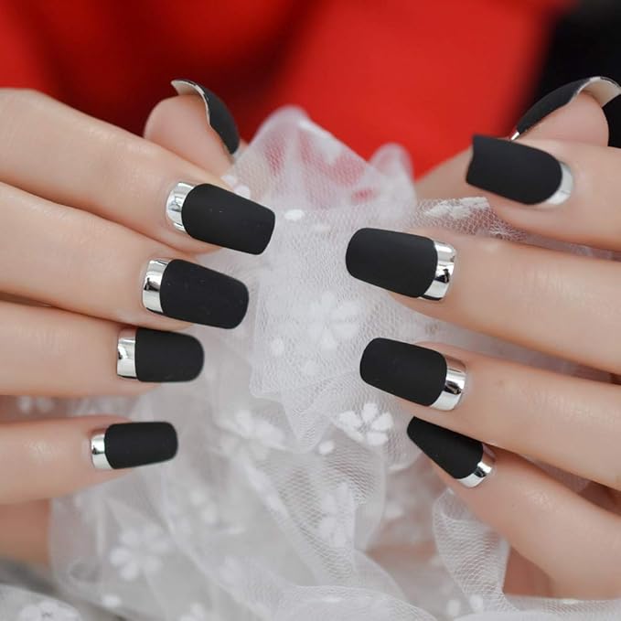 Matte Square Fake Nails Medium Long Size French Moo Nail Silver Metallic ABS Fingernails 24 count
