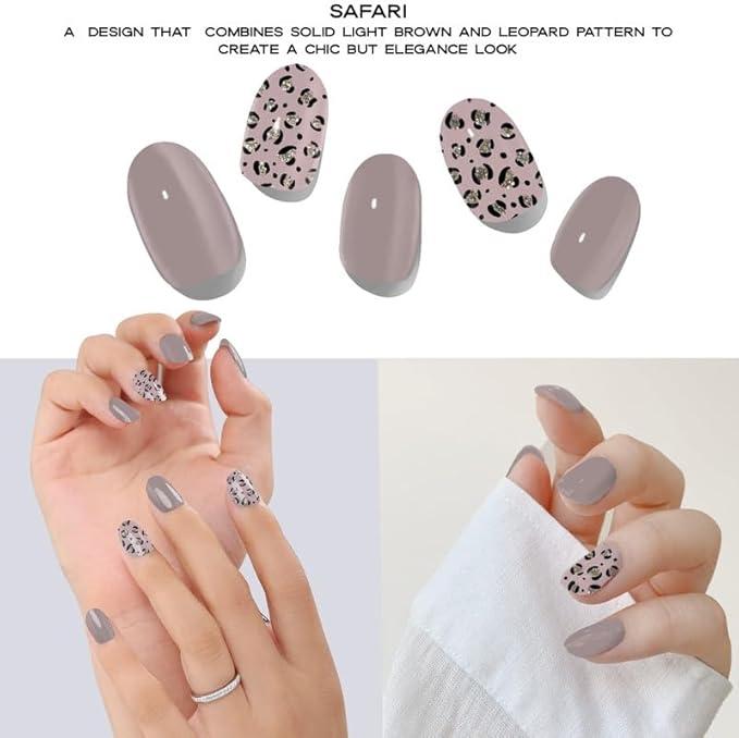 Semi-Cured Gel Nail Strips - 20 Salon-Quality Gel Sticker with UV Light Required, Long Lasting, Easy Application & Removal, Includes Prep Pad, Nail File, Wooden Stick (Brown Safari)