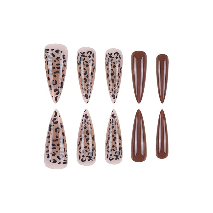 24 Pcs Stiletto Press on Nails Long Fake Nails with Leopard Print Designs Natural Reusable Brown Acrylic Nails Brown Leopard Print Artificial Nails Ombre Full Cover Stick on Nails for Women Manicure