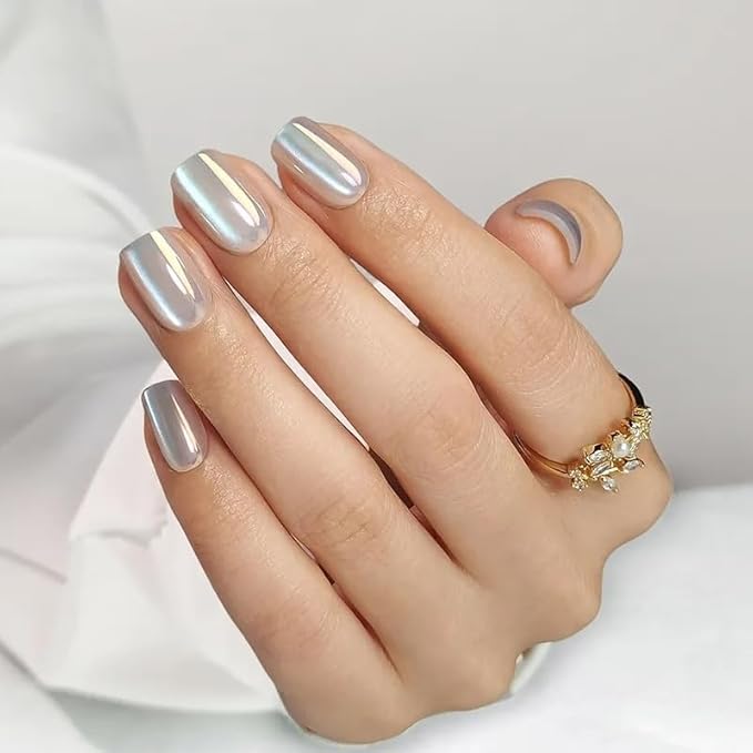 Press On Nails - Opal | Chrome Cateye High Gloss Square Fake Nails, Salon Quality| 32 Nails, 16 Sizes Kit with Glue and Adhesive Tabs I Female Founded - Beauty, Self Care