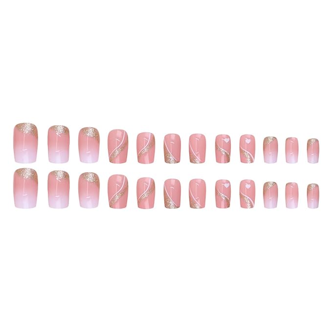 Press on Nails Medium Square Fake Nails Gold Glitter False Nails with Design Heart Curve Glue on Nails Gradient Pink Full Cover Acrylic Stick on Nail Reusable Artificial Nail for Women Manicure 24Pcs