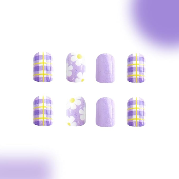Purple Press on Nails Spring Flower Fake Nails Cute Short Square Nails Press ons with Floral Daisy Plaid Designs Reusable Artificial Nail Full Cover Stick on Nails for Women Manicure 24Pcs