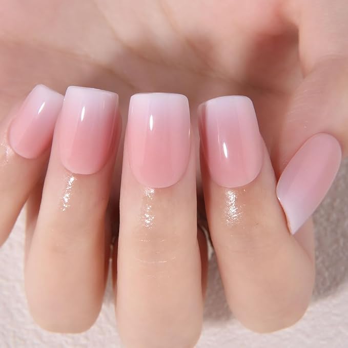 Pink Brown and White Ombre Press on Nails, Short Square Acrylic Fake Nails Design, Natural Reusable Nails Kit for Women DIY False Nail Art Decoration Gift, Salon Quality Reusable