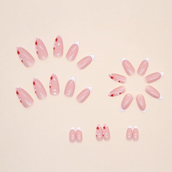 Press on Nails Almond - Medium Fake Nails with Pink Red Hearts Design - White French Tip False Nails for Women - 24 Pcs