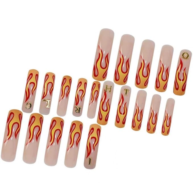 48Pcs Curved Press on Nails Orange Red Flame Press on Toenails Long Fake Nails with 5D Letters Charm Design Glossy Rhinestones Fake Toenails Glossy Full Cover Nails Press on Set for Women Manicure