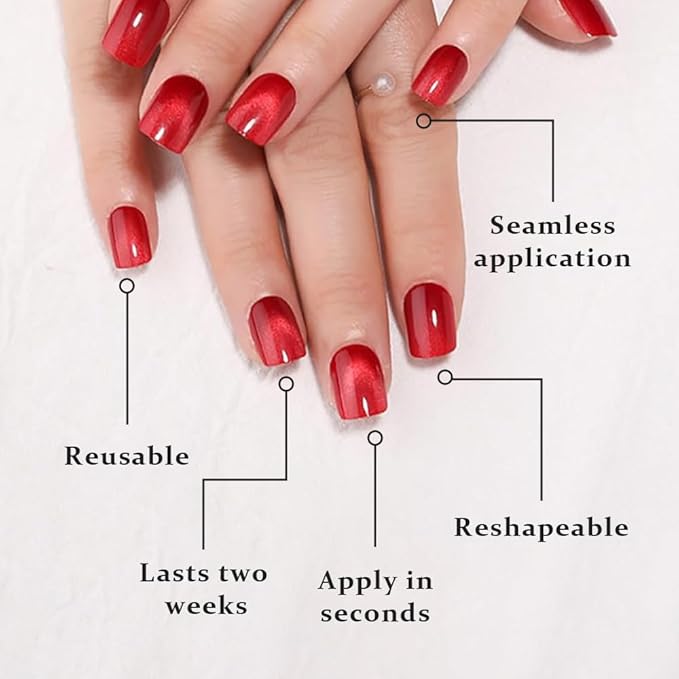 evpct Red Cat Eye Extra Short Press on Nails Square, Petite Short Square Stick on Nails for Women Gift, Real Red Metallic Glitter Glossy Reusable Soft Gel Press on Acrylic Fake Nail with Designs