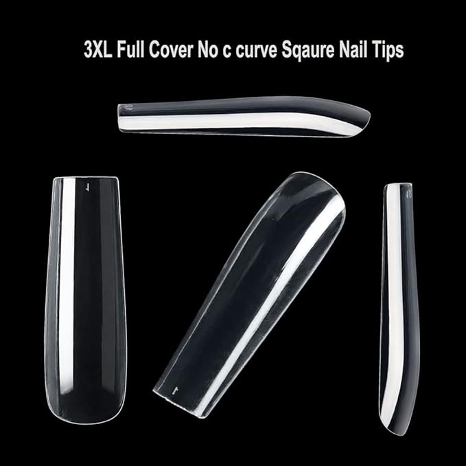 Acrylic 3XL Full Cover Square Nail Tips, 12 Sizes, 360pcs, Clear, Glossy Finish