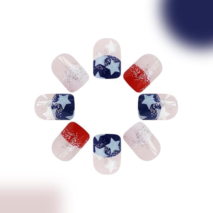 Independence Day Press on Nails Short Square False Nails with Star Designs French Fake Nails Glossy Red Blue Artificial Nail Glitter 4th of July Acrylic Nail for Women Girls Manicure 24Pcs