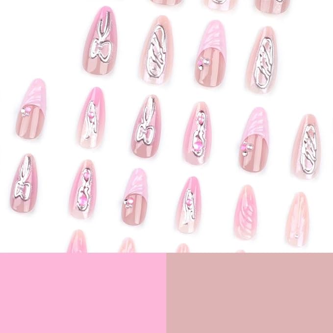 Handmade Press on Nails Medium Almond Fake Nails with Silver Bow Charm Design Pink French Tips Glue on Nails Pearl Water Ripple False Nails Glossy Reusable Summer Nails for Women Girls Manicure 24pcs