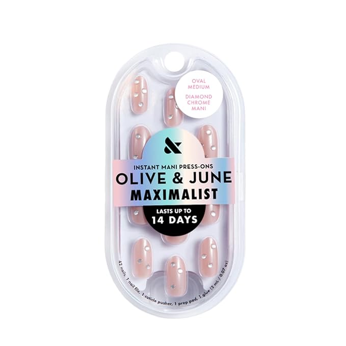 Olive & June Maximalist Instant Mani Press-On Nails (Glue) | 42 Fake Nails, 21 Sizes | Non-Toxic, Long-Lasting Big, Bold Gorgeous Realistic Look | Salon-Quality | Medium, Oval | Diamond Chrome Mani
