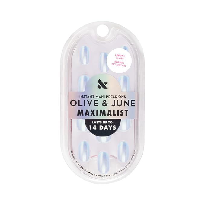 Olive & June Maximalist Instant Mani Press-On Nails (Glue) | 42 Fake Nails, 21 Sizes | Non-Toxic, Long-Lasting Big, Bold Gorgeous Realistic Look | Salon-Quality at Home | Short, Round | Sky Chrome