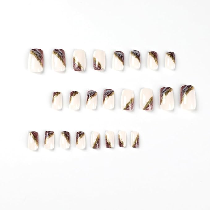 Square Press on Nails Medium Fake Nails French False Nails with Marble Designs Glue on Nails Full Cover Gold Foil Stick on Nails Glitter Glossy Acrylic Nails Artificial Nails for Women Manicure 24Pcs