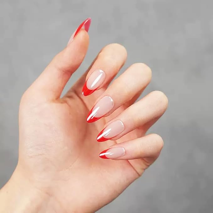 30Pcs Almond Press On Nails - Supremely Fit & Natural Soft Gel Almond Nails,15 Sizes, Reusable Fake Nails Kit with Gift Box for Women (Red Frech)