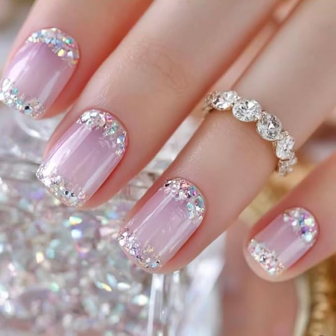 Nude Pink Glitter French Press on Nails Short Square Fake Nails Glitter Gradient False Nails Full Cover Nude Sparkly French Glossy Acrylic Nails for Women and Girls DIY Manicure Decoration 24Pcs