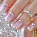 Nude Pink Glitter French Press on Nails Short Square Fake Nails Glitter Gradient False Nails Full Cover Nude Sparkly French Glossy Acrylic Nails for Women and Girls DIY Manicure Decoration 24Pcs