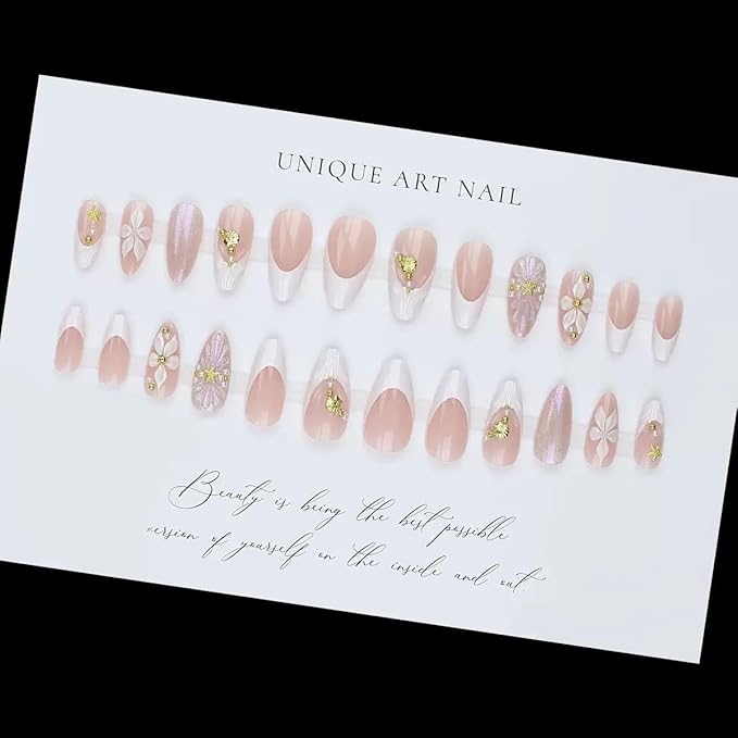 Medium Press on Nails Almond - French Tip Fake Nails with Shell Star Design - Flower False Nails Press ons - for Women 24 Pcs