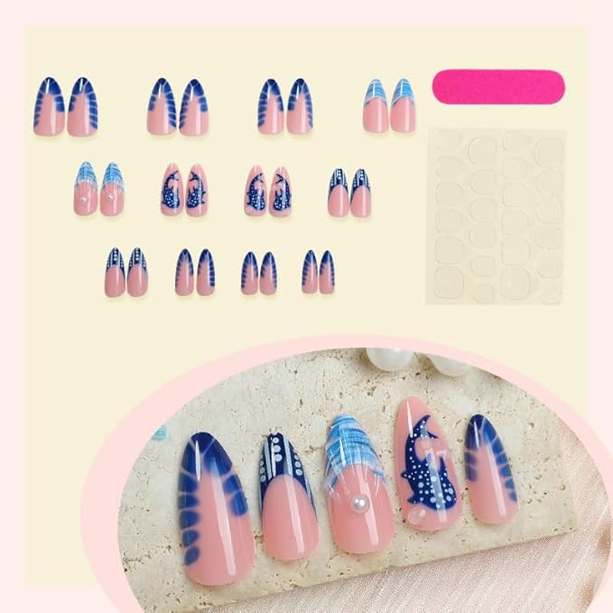 Almond Press on Nails Medium Summer Fake Nails Blue French Tip False Nails Press ons Ocean Fish Acrylic Nails Glossy Glue on Nail for Women Manicure 24Pcs