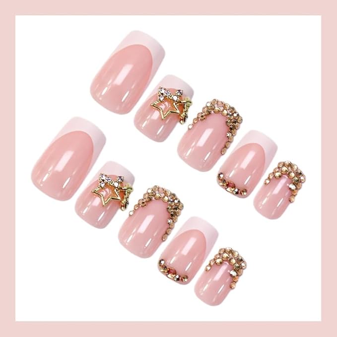 French Tip Press on Nails Square Fake Nails Gold Rhinestones False Nails with Gold Stars Charms Design Artificial Full Cover Glue on Nails for Women Manicure 24Pcs