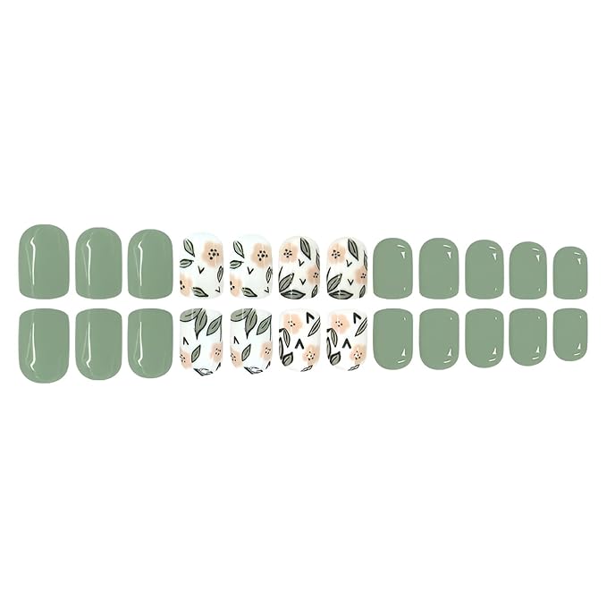 Flower Press on Nails Short Almond Fake Nails White Green Nails Press Ons Glossy Full Cover False Nails Acrylic Glue on Nail Summer Spring Stick on Nail for Women Decorations Set 24Pcs