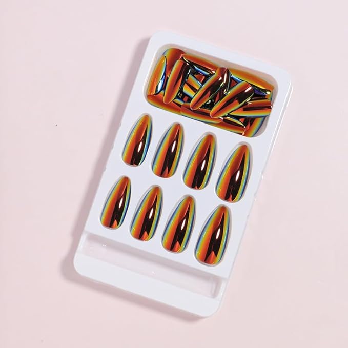 Chrome Fake Nails Almond Press on Nails Metal Mirror False Nails Press ons Glossy Gradient Acrylic Nails Medium Full Cover Holographic Glue Stick on Nail for Women Girls Manicure 24Pcs