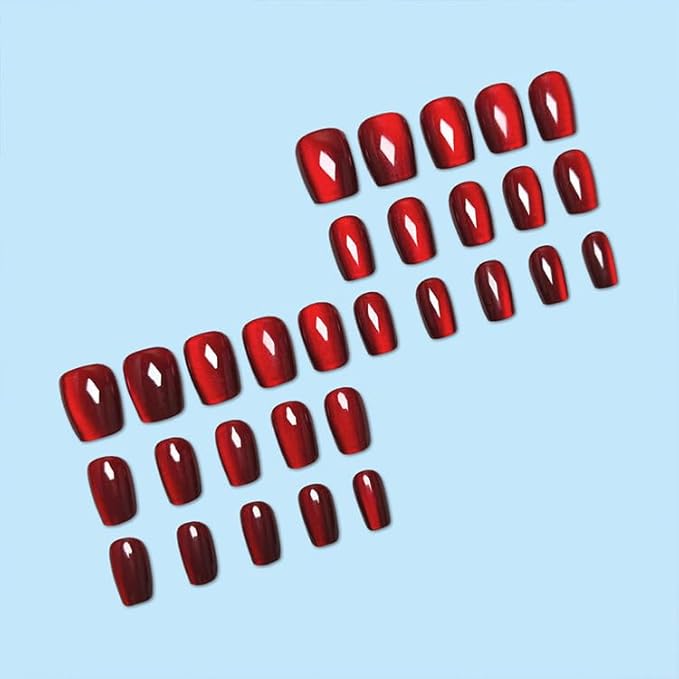 Red Fake Nails Short Cat Eye Press on Nails Wine Red False Nails Press ons Glossy Acrylic Artificial Nails Solid Color Glue on Nail for Women Girls Nail Decoration 24Pcs