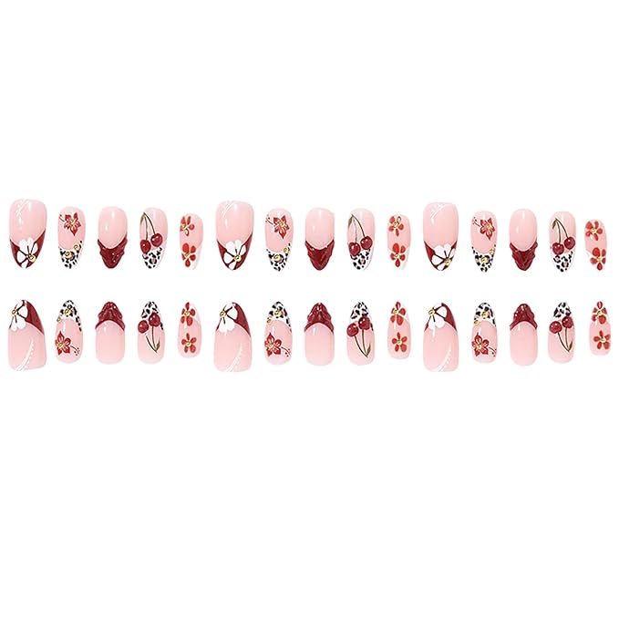French Tip Press on Nails Medium Almond MABKJLF Fake Nails 3D False Nails with Flower Cherry Leopard Print Gold Ball Designs Glossy Glue on Nail Full Cover Acrylic Nails for Women Girls 30Pcs