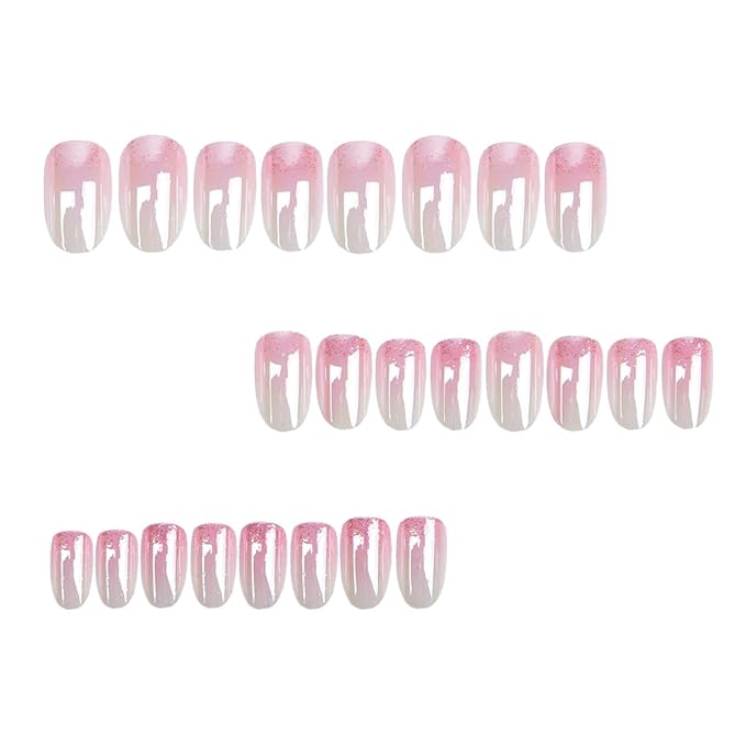 Short Press on Nails - Oval Fake Nails Ligth Pink Ombre Nails Press ons with Ombre Chrome Design, Glossy Acrylic Nails Full Cover Artificial Glue on Nails for Women Manicure 24Pcs