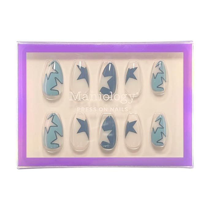 Maniology Press-On Nails Supernova | Short Almond Shape Nail Tips – Light Blue Colored Star-Themed Design, Reusable, Durable & Easy Application, 30-Piece 15 Sizes False Nails Kit