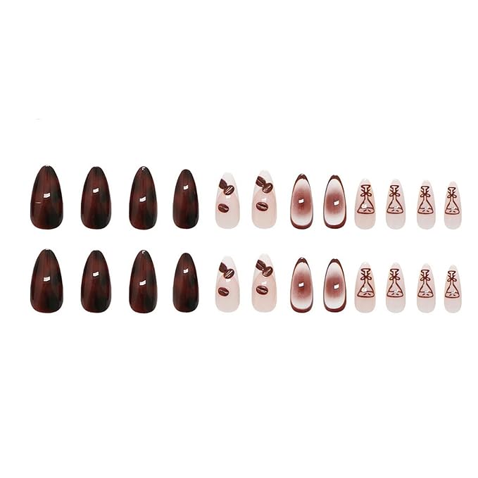 Press on Nails Medium Almond 24Pcs Brown French Tip False Nails with Coffee Beans Goblet Designs Full Cover Glossy Glue on Nails Stick on Nails for Women Girls