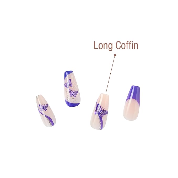 GoldFinger 24 Pcs Press On Nails, Long Coffin Fake Nails, Purple Butterfly Gel Stick On Extensions, Reusable Full Cover False Nail Kit with Glue, Manicure Stick & File, 7 Day Long Lasting Wear